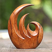Wood statuette, 'Triple Flame' - HandMade Suar Wood Flame Statuette