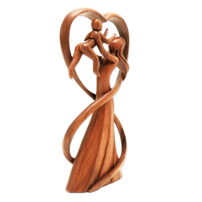 Wood statuette, 'Reunion' - Hand Carved Suar Wood Mother and Child Statuette