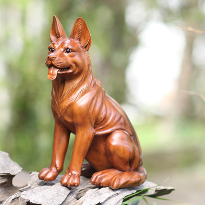 Wood sculpture, 'Good Dog' - Hand Carved Suar Wood Dog Sculpture from Bali