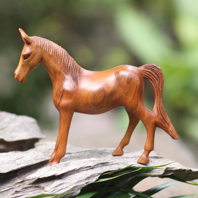 Wood statuette, 'Whinny' - Hand Carved Suar Wood Horse Statuette