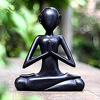 Wood statuette, 'Sukhasana' - Black Suar Wood Yoga Statuette from Bali