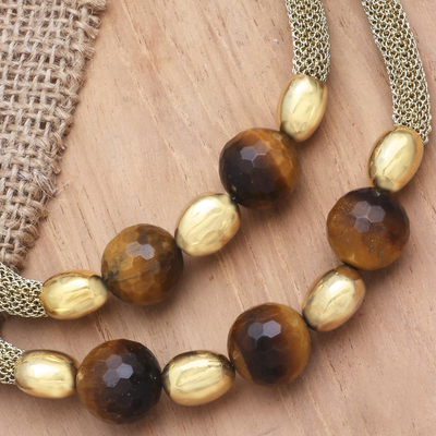 Gold-accented tiger's eye pendant necklace, 'Interplanetary' - Gold-Accented Brass and Tiger's Eye Pendant Necklace