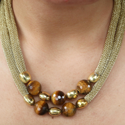 Gold-accented tiger's eye pendant necklace, 'Interplanetary' - Gold-Accented Brass and Tiger's Eye Pendant Necklace