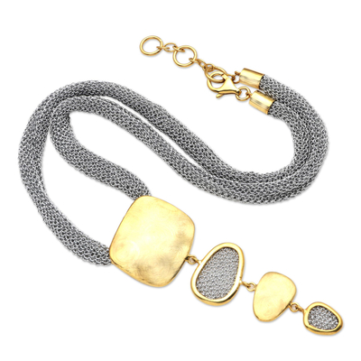 Gold-plated pendant necklace, 'Singular Beauty' - Gold-Plated Brass and Mesh Pendant Necklace
