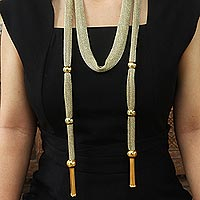 Gold-accented brass wrap necklace, 'Balinese Gold' - Handmade Gold-Accented Brass and Mesh Wrap Necklace