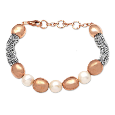 Rose gold-plated cultured pearl beaded bracelet, 'Golden Waters' - Handmade Rose Gold-Plated Cultured Pearl Beaded Bracelet