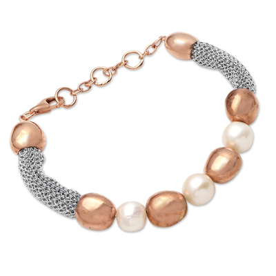 Rose gold-plated cultured pearl beaded bracelet, 'Golden Waters' - Handmade Rose Gold-Plated Cultured Pearl Beaded Bracelet