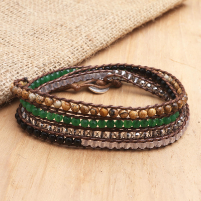 Multi-gemstone wrap bracelet, 'Earth Song' - Artisan Crafted Agate and Onyx Beaded Wrap Bracelet