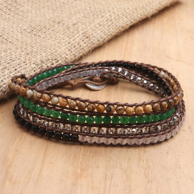 Multi-gemstone wrap bracelet, 'Earth Song' - Artisan Crafted Agate and Onyx Beaded Wrap Bracelet