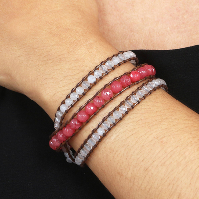 Jade and moonstone wrap bracelet, 'Red Morning' - Hand Crafted Jade and Moonstone Beaded Wrap Bracelet