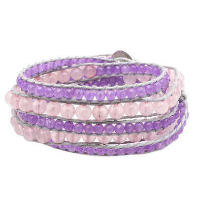 Amethyst and rose quartz wrap bracelet, 'Purple Haze' - Handmade Amethyst and Rose Quartz Beaded Wrap Bracelet