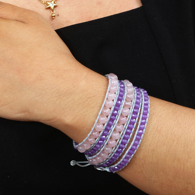Amethyst and rose quartz wrap bracelet, 'Purple Haze' - Handmade Amethyst and Rose Quartz Beaded Wrap Bracelet