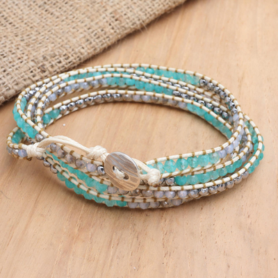 Multi-gemstone wrap bracelet, 'Sea Ice' - Hand Made Amazonite and Hematite Beaded Wrap Bracelet