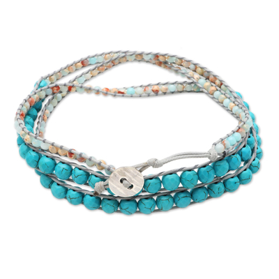 Jasper wrap bracelet, 'Sky Wave' - Jasper and Reconstituted Turquoise Beaded Wrap Bracelet