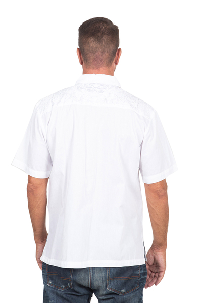 Men's embroidered cotton shirt, 'White Barong' - Men's White Embroidered Cotton Shirt
