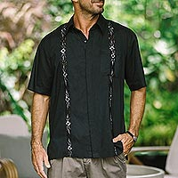 Men's embroidered cotton shirt, 'Black Borders' - Men's Black Embroidered Cotton Shirt