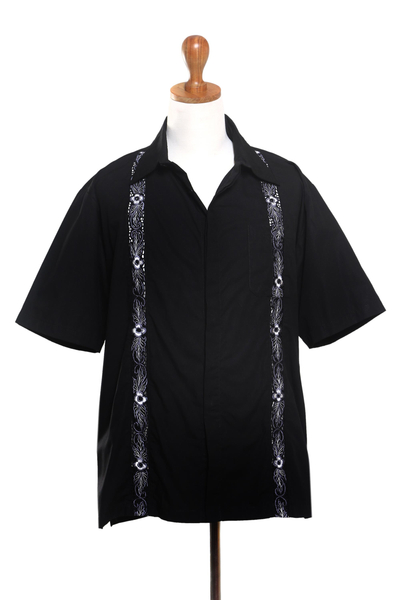 Men's embroidered cotton shirt, 'Black Borders' - Men's Black Embroidered Cotton Shirt