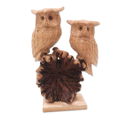 Wood sculpture, 'Romantic Owls' - Hand Carved Jempinis and Benalu Wood Owl Sculpture