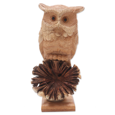 Wood sculpture, 'Looking Forward' - Hand Made Jempinis and Benalu Wood Owl Sculpture