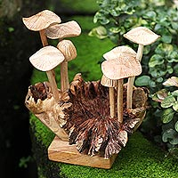 Wood sculpture, 'Mushroom Season' - Handmade Jempinis and Benalu Wood Mushroom Sculpture