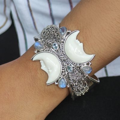 Rainbow moonstone and blue topaz cuff bracelet, 'Moon Duo' - Rainbow Moonstone and Blue Topaz Cuff Bracelet from Bali
