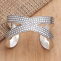 Sterling silver cuff bracelet, 'Dragon Wings in Silver'