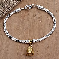 Gold-accented sterling silver charm bracelet, 'Tiny Bell in Gold' - Gold-Plated Sterling Silver Charm Bracelet from Bail