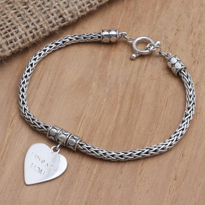 Sterling silver charm bracelet, 'Love for Mom in Silver' - Hand Crafted Sterling Silver Heart Charm Bracelet