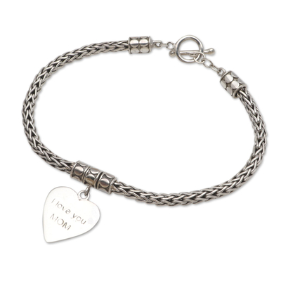 Sterling silver charm bracelet, 'Love for Mom in Silver' - Hand Crafted Sterling Silver Heart Charm Bracelet