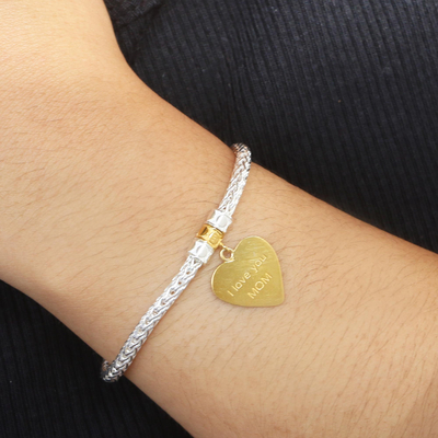Gold-accented sterling silver charm bracelet, 'Love for Mom in Gold' - Gold-Plated Sterling Silver Heart Charm Bracelet from Bali