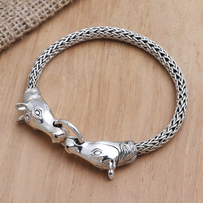 Sterling silver pendant bracelet, 'Twin Horses' - Sterling Silver Horse Head Chain Bracelet from Bali