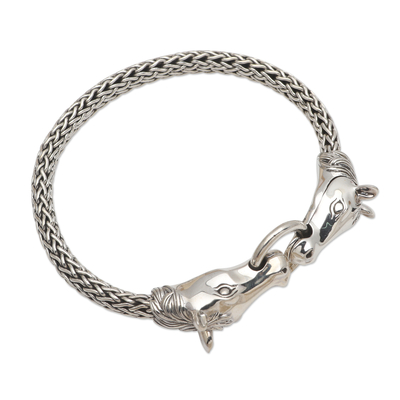 Sterling silver pendant bracelet, 'Twin Horses' - Sterling Silver Horse Head Chain Bracelet from Bali