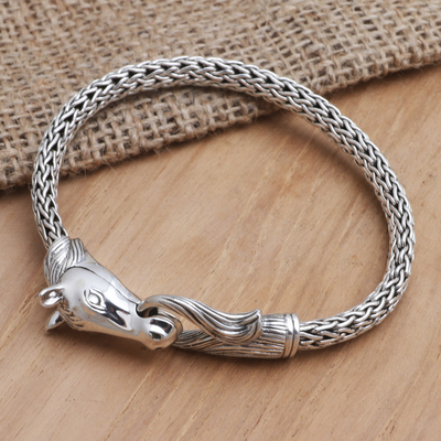 Sterling silver chain bracelet, 'Hungry Horse' - Handmade Sterling Silver Horse Head Chain Bracelet