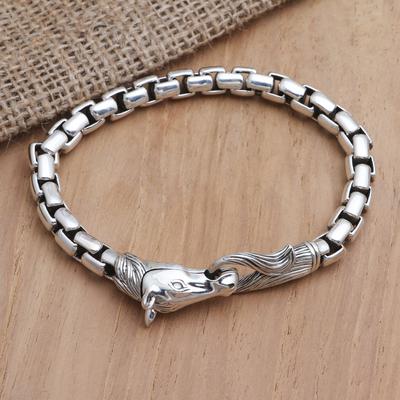 Sterling silver chain bracelet, 'Strong Horse' - Hand Crafted Sterling Silver Horse Head Chain Bracelet