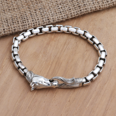 Sterling silver chain bracelet, 'Strong Horse' - Hand Crafted Sterling Silver Horse Head Chain Bracelet