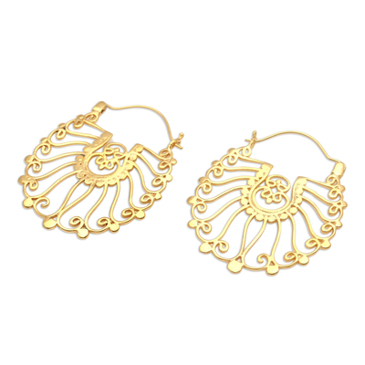 Gold-plated hoop earrings, 'Peacock Feathers' - Balinese Gold-Plated Brass Hoop Earrings
