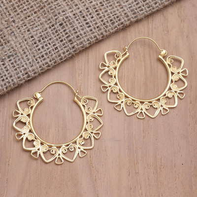 Gold-plated hoop earrings, 'Heart Triangle' - Handmade Gold-Plated Filigree Hoop Earrings from Bali
