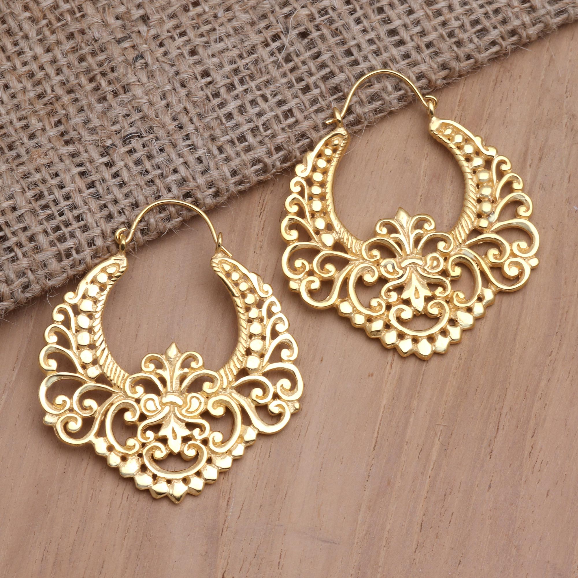 Handmade Balinese Gold-Plated Brass Hoop Earrings - Ancient Java | NOVICA