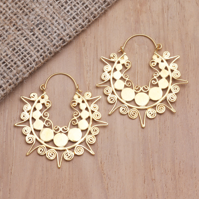Gold-plated hoop earrings, 'Golden Tiara' - Handmade Balinese Gold-Plated Brass Hoop Earrings