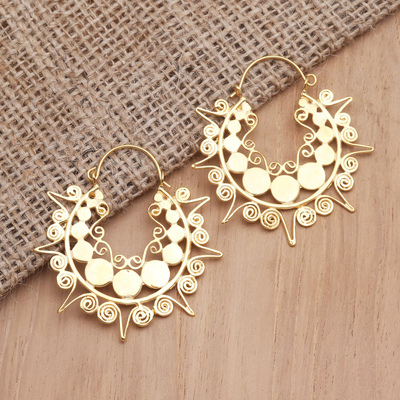 Gold-plated hoop earrings, 'Golden Tiara' - Handmade Balinese Gold-Plated Brass Hoop Earrings