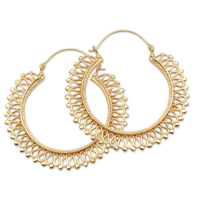 Gold-plated hoop earrings, 'Golden Infinity' - Balinese Gold-Plated Brass Heart-Themed Hoop Earrings
