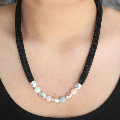 Rose quartz and beryl pendant necklace, 'Candy Crush' - Artisan Crafted Rose Quartz and Beryl Beaded Necklace