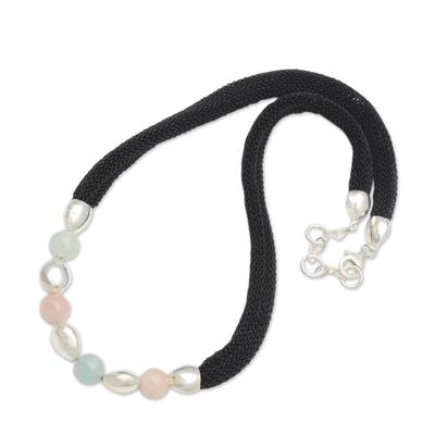 Rose quartz and beryl pendant necklace, 'Candy Crush' - Artisan Crafted Rose Quartz and Beryl Beaded Necklace