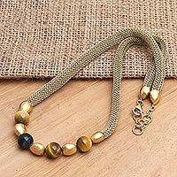Gold-accented tiger's eye pendant necklace, 'Brown Eyes' - Gold-Accented Brass and Tiger's Eye Beaded Necklace