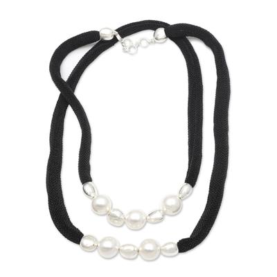 Cultured pearl pendant necklace, 'Black Sea' - Cultured Akoya Pearl and Sterling Silver Plated Necklace