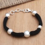 Silver-plated station bracelet, 'In Order' - Silver and Black Mesh Station Bracelet