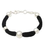 Silver-plated station bracelet, 'In Order' - Silver and Black Mesh Station Bracelet