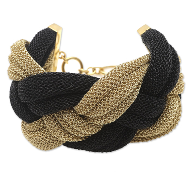 Braided mesh bracelet, 'Braided Union' - Black and Golden Mesh Woven Bracelet