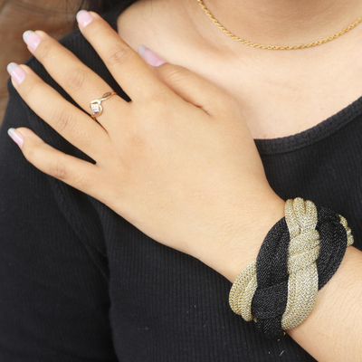 Polyester braided bracelet, 'Braided Union' - Black and Golden Polyester Mesh Woven Bracelet