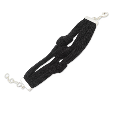 Silver-plated wristband bracelet, 'Love Ties' - Black Polyester and Silver-Plated Wristband Bracelet
